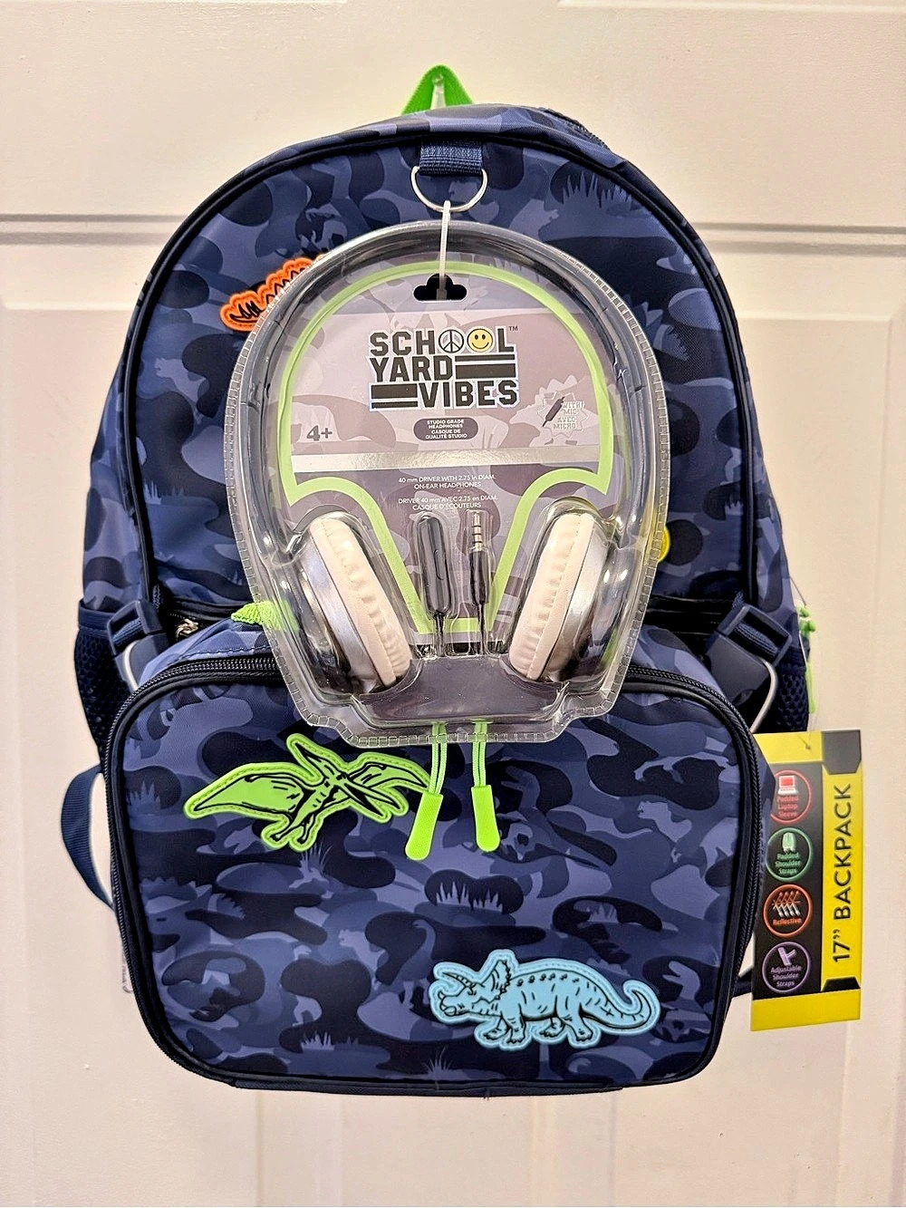 School Yard Vibes 3 PC Set Dinosaur Camo Backpack Lunch Box Headphones Set